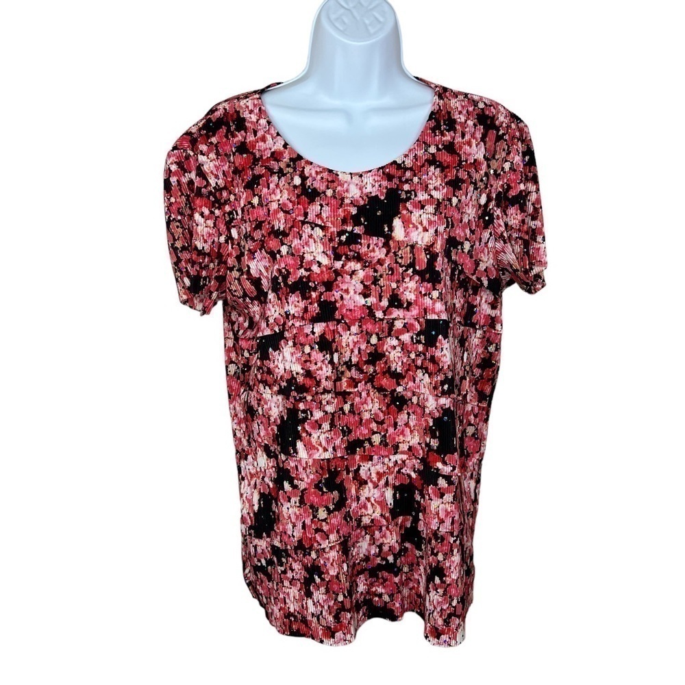 Large Pink Black Sequin Blouse Short Sleeve Stretch Ruffled Christopher & Banks